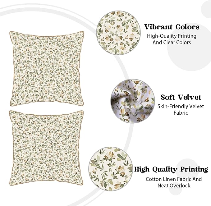 KSLIDS Sage Green Beige Floral Soft Velvet Throw Pillow Covers Set of 2 Vintage Brown Flower Decorative Pillow Covers 20x20 Inch Rustic Pillow Case for Sofa Couch Bedroom Farmhouse Home Decor