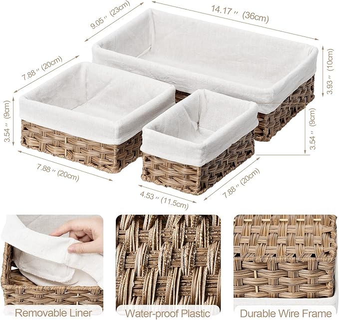 FairyHaus Wicker Baskets for Organizing, Waterproof Rectangle Small Storage Basket for Shelves, Nesting Lined Set of 3, Rustic Brown