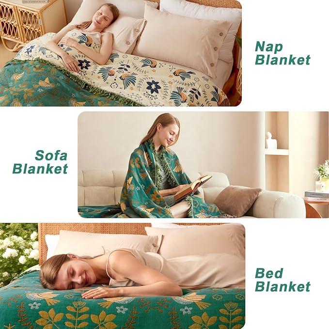 Boho Throw Blanket 50"x60", Soft Cozy 100% Cotton Blanket for Bed, Spring Blankets with Floral Bird Farmhouse Decor Breathable Lightweight King Size All Season