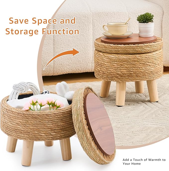 Cpintltr Storage Ottoman Poufs Handwoven Footstool Natural Seagrass Round Footrest Stool with 4 Wood Legs Soft Padded Outdoor Seat for Hallway Lounge Bedroom Garden