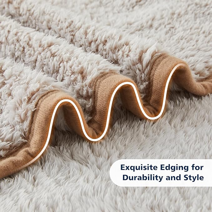 EMME Soft Sherpa Fleece Blanket Reversible Plush Fluffy Large Blanket, Light Weight Warm Decorative Boho Blanket Cover for Sofa, Couch, Bedroom,Travel(Plush Khaki,50"x60")