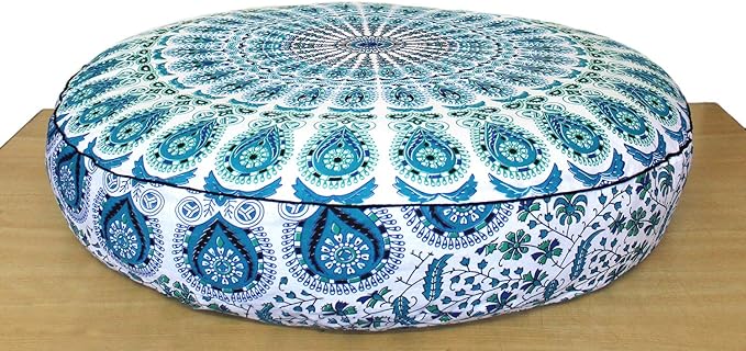 CRAFT KALA Mandala Floor Pillow Cushion Cover Seating Throw Cover Hippie Decorative Bohemian Ottoman Poufs Pom Pom Pillow Cases Boho Indian Cotton Living Room Yoga Home Décor 35" Round Sky Blue Mirchi