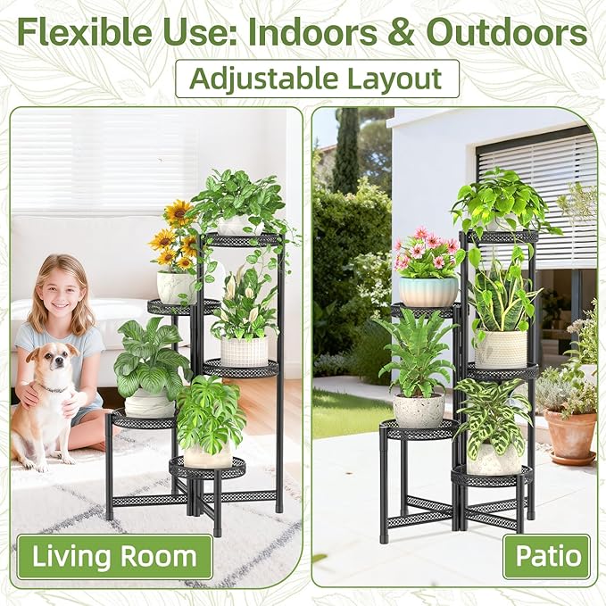 iDavosic.ly Plant Stand Indoor Outdoor, 5 Tier Corner Metal Flower Display Holder Shelf, Folding Tall Orchid Rack for Patio Balcony Porch Garden Living Room House, Wrought Iron - Modern Black