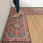 Arttown Boho Anti-Fatigue Kitchen Rug Set of 2 Ethnic Red Cushioned Floor Standing Mat Waterproof Non-Slip Mat and PVC Ergonomic Comfort Foam Rug