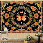 Accnicc Butterfly Floral Tapestry Vintage Indie Boho Flower Tapestries for Bedroom Aesthetic Retro Yellow Sunflower Moth Tapestry Wall Hanging for Dorm Living Room (90'' × 68'')