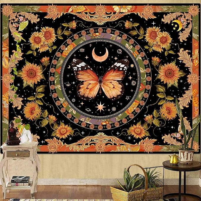 Accnicc Butterfly Floral Tapestry Vintage Indie Boho Flower Tapestries for Bedroom Aesthetic Retro Yellow Sunflower Moth Tapestry Wall Hanging for Dorm Living Room (80'' × 60'')