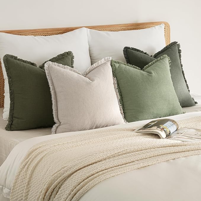 MIULEE Decorative Couch Pillow Covers Neutral Linen Fringe Throw Pillows Set of 4 Boho Farmhouse Soft Accent Cushions for Bed Sofa Living Room Spring Home Decor 20x20 Inch Beige/Sage Green