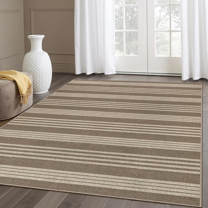 Lahome Elance Striped Non Shed Easy Jute Rug, 5x7 Large Living Dining Room Rug Washable Outdoor Patio Rug, Farmhouse Neutral Non Slip Stain Resistance Indoor Outdoor Carpet for Sunroom Bedroom, Khaki