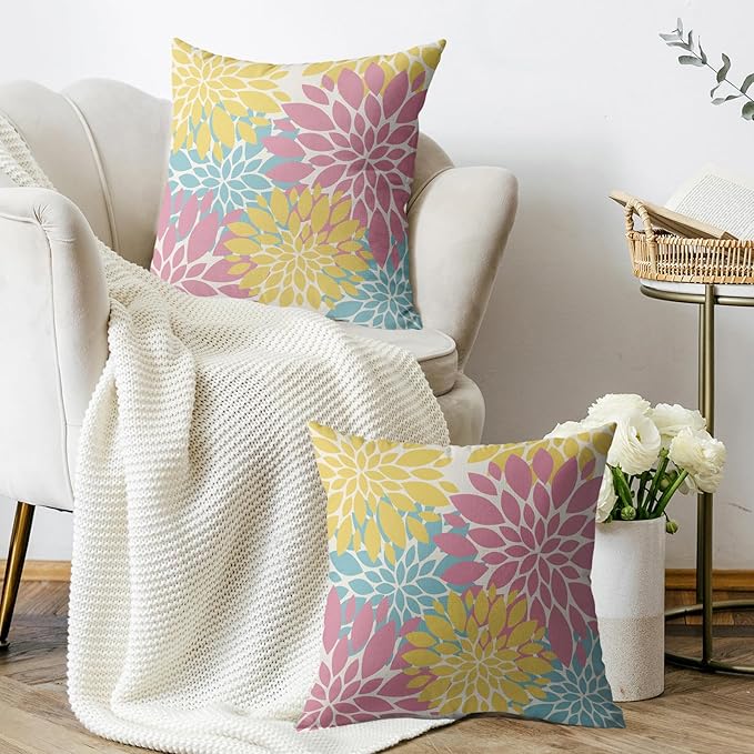 Spring Pillow Covers 20X20 Inch Set of 2, Yellow Pink Blue Colored Floral Colorful Easter Themed Flower Decorative Throw Pillow Covers Outdoor Farmhouse Cushion Case for Couch Sofa Bed Decor
