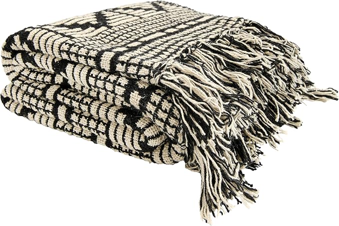 Bloomingville Soft Reclaimed Cotton Blend Throw with Diamond Pattern and Fringe, Black and Beige
