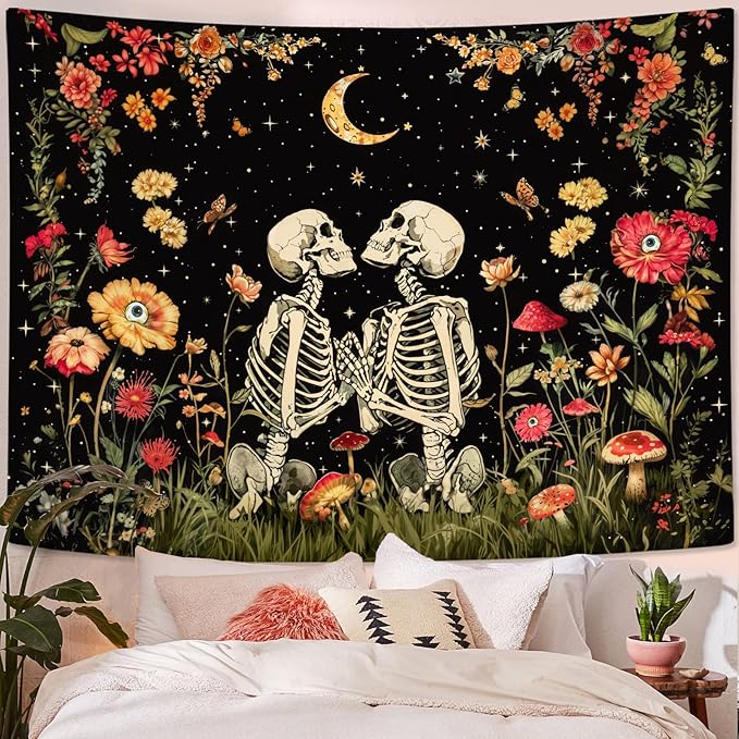 Wegklazax Floral Skeleton Lovers Gothic Wall Hanging for Bedroom & Living Room - Skull Tapestry 60x80 Inches
