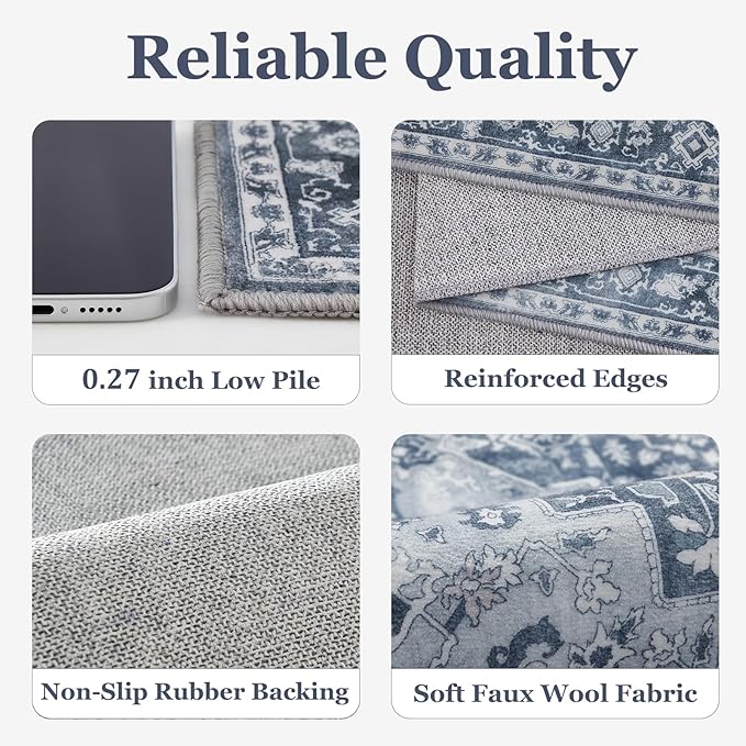 Blue Gray 5x7 Area Rugs for Living Room, Transitional Distressed Washable Non Slip Bedroom Rug, Modern Vintage Medallion Low Pile Thin Carpet Rugs for Den/Dining Room/Kitchen/Home Office