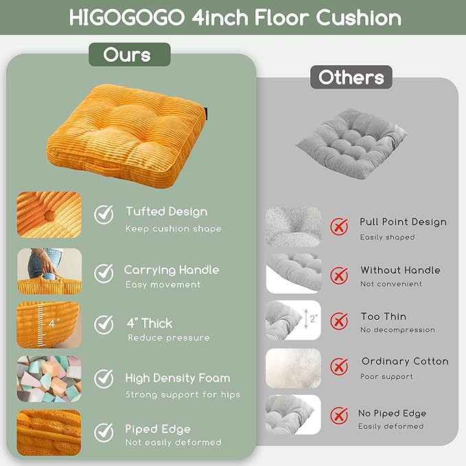 HIGOGOGO Floor Pillow Cushion for Adults, Meditation Cushion Pillow, Large Square Floor Sitting, Tufted Corduroy Cover, for Tatami Living Room or Yoga, 22x22 Inch, 2Pack, Orange