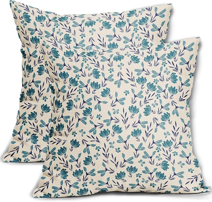 Blue Teal Pillow Covers 24x24 Set of 2 Vintage Floral Rustic Old Style Cute Flower Print Decorative Outdoor Pillowcases Seasonal Farmhouse Throw Cushion Case Decor for Couch Sofa Bed