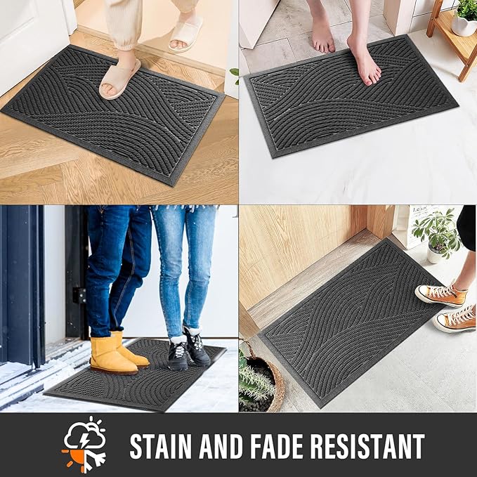 Sturdy Front Door Mat, Absorbent Muddy Dirt Resist Welcome Door Mats Outdoor Indoor, Stain and Fade Resistant, Non-Slip Backing Entry Mat Low Profile Doormat for Entryway, 60×36, Grey
