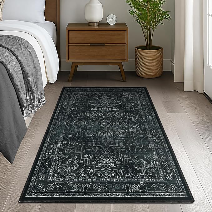 Black White 4x6 Throw Rugs for Entryway, Washable Dark Rug with Rubber Backing for Living Room Bedroom, Vintage Medallion Distressed Area Rug for Kitchen/Bathroom/Dorm/Home Office