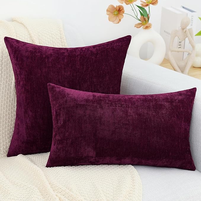 decorUhome Chenille Burgundy Spring Throw Pillow Covers 18x18 Inch Set of 2, Decorative Soft Couch Pillow Covers Solid Dyed Accent Farmhouse Neutral Square Pillow Cases for Sofa