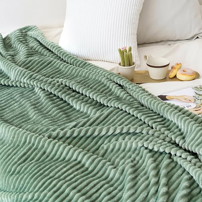 MIULEE Sage Green Throw Blanket 3D Ribbed Jacquard Fleece Flannel Velvet Plush Decorative Bed Blanket (Throw, 50" x 70") - Super Soft, Lightweight, Warm and Cozy for Couch Sofa