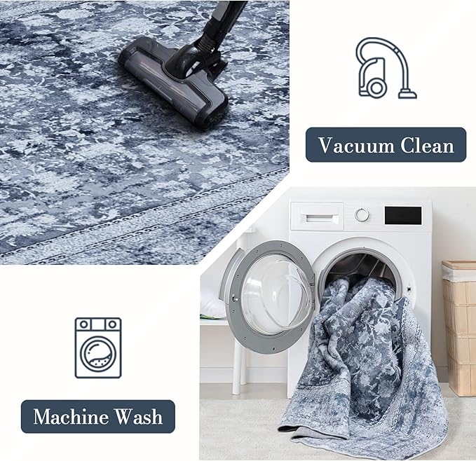 Area Rug 9×12, Large Vintage Boho Rug,Ultra-Soft Low Pile, Washable, Non Slip,Stain Resistant, Printed Carpet for Living Room Bedrooms Playroom Office Kitchen, Stone/Blue