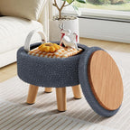 Small Foot Stool, Boucle Round Ottoman with Storage, Cute Foot Rest Stools with Teddy Velvet, Floor Pouf Ottoman Coffee Table, Sturdy Ottomans with Wood Legs for Living room, Nursery, Enterway, Blue