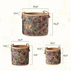Set of 3 Handwoven Sedge Grass Baskets with Floral & Butterfly Brocade Cover – Decorative Woven Storage Baskets for Laundry, Toys & Blankets – Natural Wicker Hampers for Home & Bedroom Decor