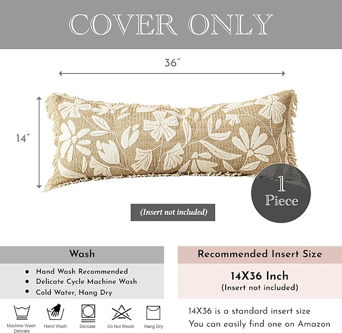 BlissBlush Jute Decorative Spring Long Lumbar Pillow Cover 14x36, Neutral Floral Tufted Body Pillow for Bed, Accent Lumbar Throw Pillow for Bedroom,Outdoor Lounge (Cover Only)