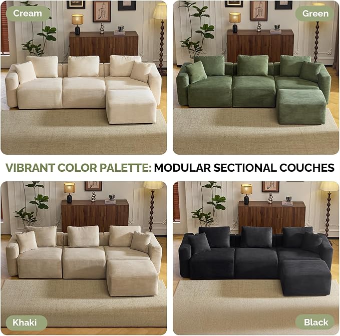 VINGLI 112.2“ Convertible Corduroy Cloud Sectional Couches with Movable Ottoman, L-Shaped Boneless Couches for Living Room with Deep Seat, 3 Seater Modular Spineless Sofa, No Assembly Required, Green