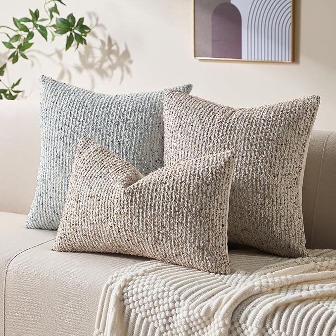 Decorative Couch Throw Pillow Covers 24x24 Beige Striped Soft Wool Pillow Covers Neutral Textured Boho Cushion Covers for Modern Farmhouse Sofa Bedroom Living Room Decor SY011-A24