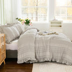 WONGS BEDDING Grey Textured Comforter Set Queen,3 Pieces Ruffle Farmhouse Shabby Chic Comforter for Queen Bed,Soft Seersucker Boho Bedding Set with 1 Ruffle Comforter,2 Tufted Pillowcases 90"×90"