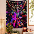 Blacklight Galaxy Forest Silhouette Tapestry for Bedroom Night Sky Ceiling Tapestry for Bedroom Decor Dark Forest Stars Tapestries Glow in the Dark Starry Night Tapestries UV Reactive Dorm Decor 29x37