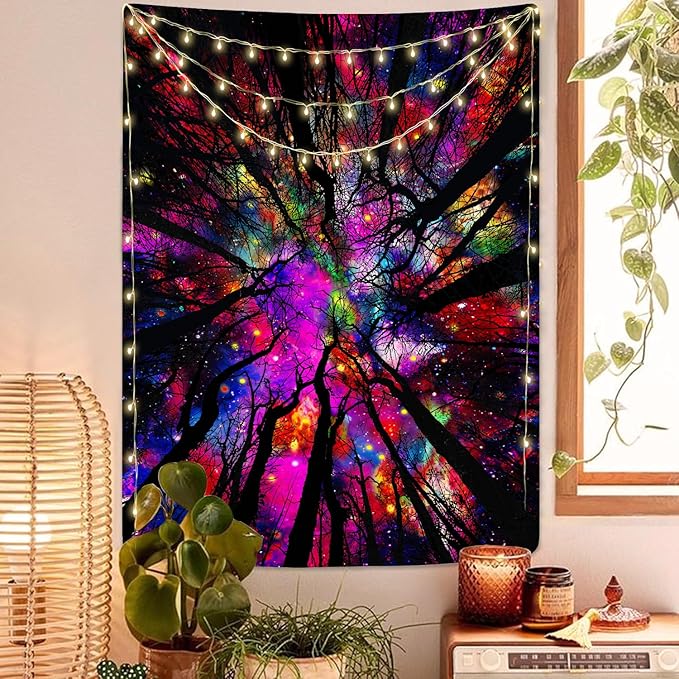 Blacklight Galaxy Forest Silhouette Tapestry for Bedroom Night Sky Ceiling Tapestry for Bedroom Decor Dark Forest Stars Tapestries Glow in the Dark Starry Night Tapestries UV Reactive Dorm Decor 36x48