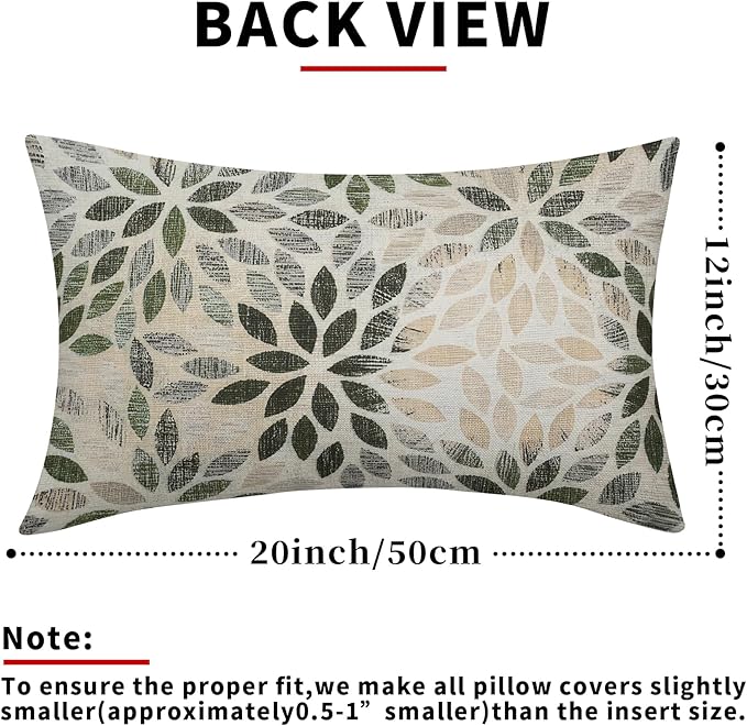 Kawani Olive Green Dahlia Lumbar Pillow Covers 12X20 Inch Rustic Geometric Flower Decorative Pillow Cases Set of 2 Beige Tan Gray Floral Throw Pillows for Cushion Sofa Couch Farmhouse Outdoor