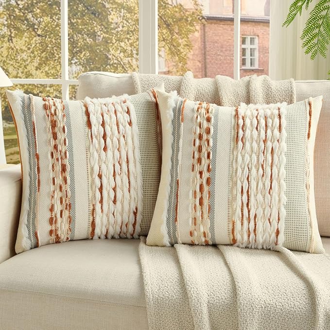 FUTEI Rust Beige Accent Throw Pillow Covers Set of 2, 20x20 Inch Plush Tufted Striped Textured Decorative Cushion Cases for Farmhouse Boho Couch Decor