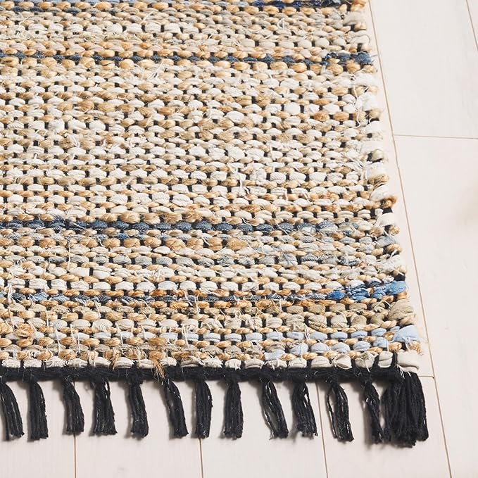 SAFAVIEH Cape Cod Collection Area Rug - 6' x 9', Blue & Beige, Handmade Denim & Jute, Ideal for The Living Room, Dining, Bedroom (CAP153M)