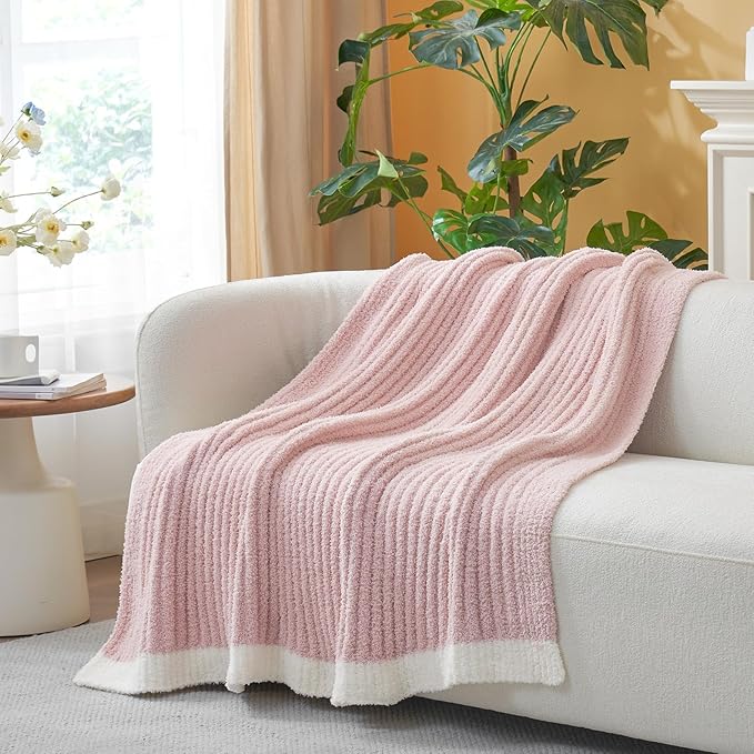 Snuggle Sac Fluffy Ribbed Blanket Pink Twin Size, Soft Luxurious Knit Throw, Fuzzy Plush Microfiber Blankets for Couch, Sofa, Bed, Pink, 60x80 inches