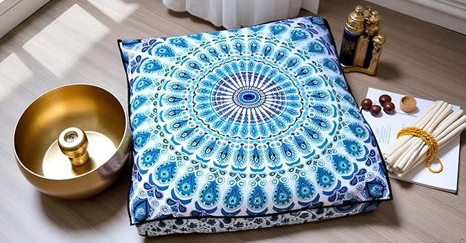 INDIAN CRAFT CASTLE 24" Green Peacock Mandala Barmeri Large Floor Pillow Cover Cushion Meditation Seating Ottoman Throw Cover Hippie Decorative Zipped Bohemian Pouf Ottoman Pom Pom Cases 24" Square