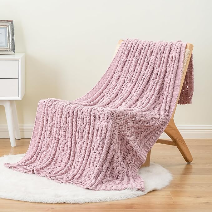 Battilo Pink Throw Blanket for Couch, Cable Knit Blanket, Soft Chenille Throw Blanket, Cozy Warm Blankets for Girls Daughter Women Gifts for Mom, 51"x67", Blush