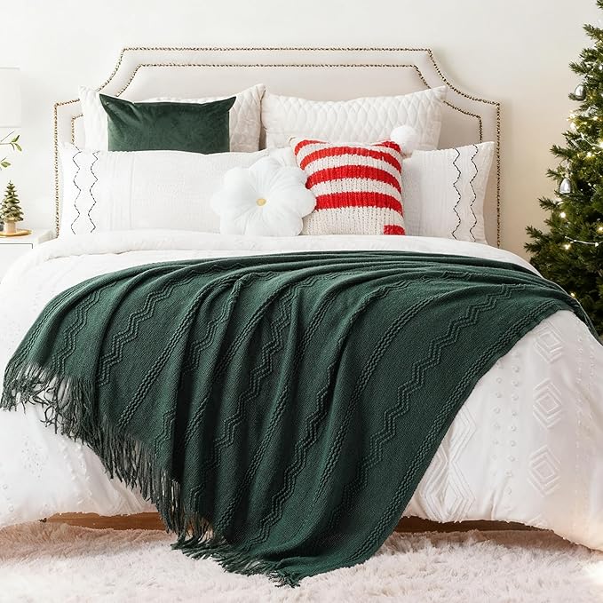 BATTILO HOME Christmas Décor Green Throw Blanket with Fringe, Geometric Bed Throws Dark Green Throws Decorative Throw Blanket for Couch, 50"x60"