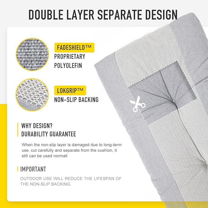 SUNROX LokGrip Non Slip Tufted Memory Foam Bench Cushion, FadeShield Water Resistant Durable Thicken Outdoor/Indoor Bench Seat Pads 51x16x4 inch, Heather Grey
