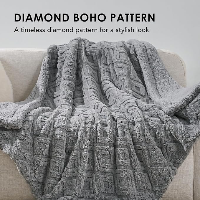 EverGrace Jacquard Boho Sherpa Fleece Throw Blanket for Couch, Super Soft Cozy Fuzzy Plush Blankets for Winter, Reversible Thick Warm Blanket for Bed, Sofa, Living Room, Grey, 60" x 80"