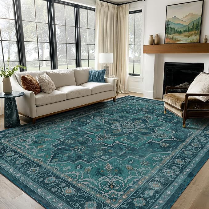 8x10 Teal Medallion Rugs for Living Room, Vintage Classic Washable Large Rug for Bedroom Under Bed, Vibrant Boho Low Pile Thin Soft Carpet Rugs for Dining Room Office