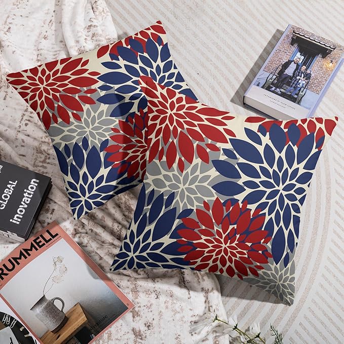 4th of July Pillow Covers 20X20 Inch Set of 2, Patriotic Blue Red Grey Modern Dahlia Floral Print Holiday Decorative Throw Pillow Covers Outdoor Farmhouse Cushion Case for Couch Sofa Bed Decor