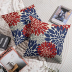 4th of July Pillow Covers 16X16 Inch Set of 2, Patriotic Blue Red Grey Modern Dahlia Floral Print Holiday Decorative Throw Pillow Covers Outdoor Farmhouse Cushion Case for Couch Sofa Bed Decor