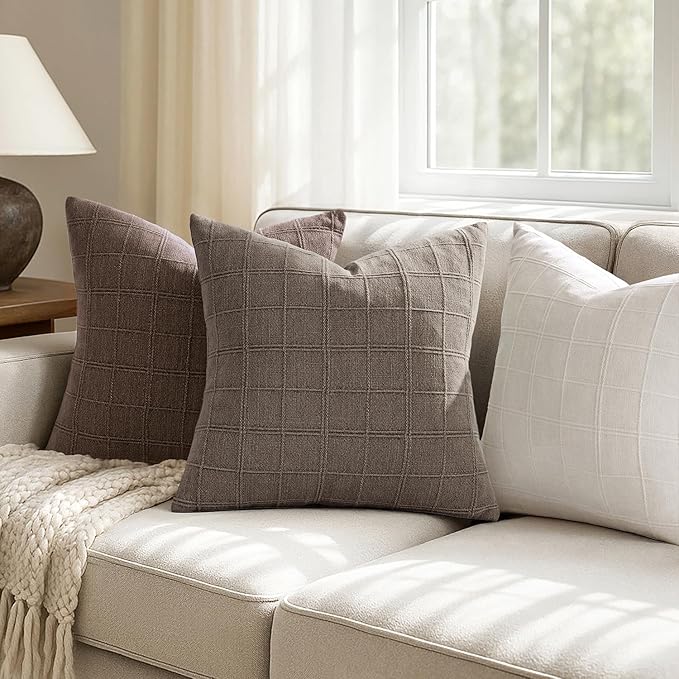 Woaboy Linen Check Throw Pillow Covers Taupe Gray Farmhouse Modern Boho Vintage 20x20 Inch Set of 2 Decorative Cushion Covers for Sofa Couch Bedroom Living Room Home Decor