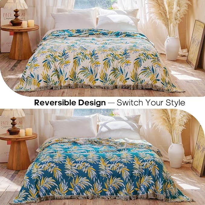 Boho Throw Blanket 60"x80" 100% Cotton Twin Bed Tassel Blanket with Leaf Pattern,Soft Breathable Lightweight Spring Decorative Reversible Blankets for Couch Sofa Decor All Season