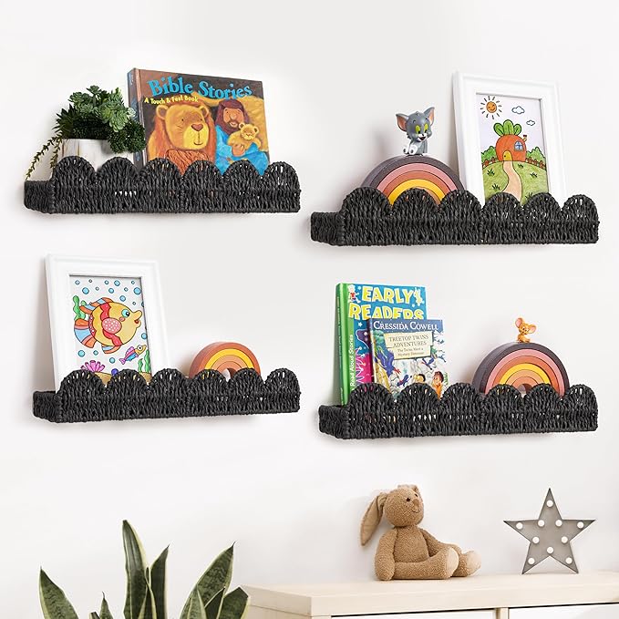 AELS Scalloped Nursery Bookshelf, Set of 4, Picture Ledge Shelf for Wall Decor, Woven Natural Fibre Floating Shelves for Books, Toys, Photo Frames, Nursery, Boho Modern Farmhouse Book Shelf, Black