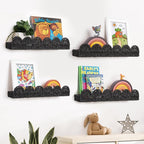 AELS Scalloped Nursery Bookshelf, Set of 4, Picture Ledge Shelf for Wall Decor, Woven Natural Fibre Floating Shelves for Books, Toys, Photo Frames, Nursery, Boho Modern Farmhouse Book Shelf, Black
