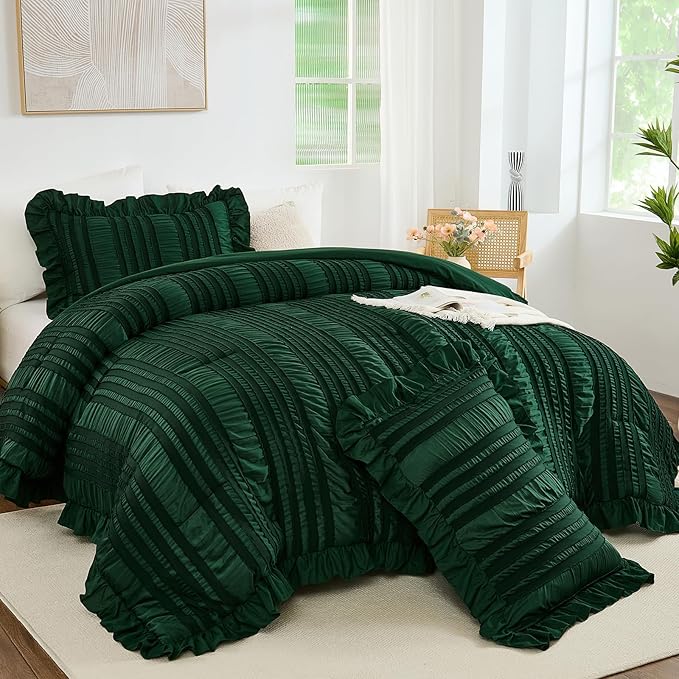 WONGS BEDDING Queen Size Comforter,Christmas Emerald Green Boho Comforter Set Queen,Shabby Chic Bedding Set for Bed, 3 Pieces Soft Lightweight Farmhouse Comforter for All Season 90"×90"
