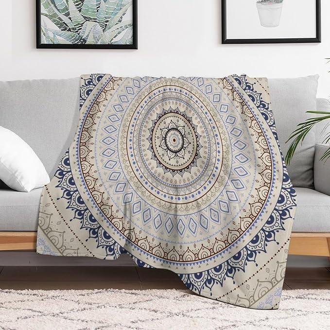Mandala Throw Blanket Retro Eastern Backdrop Swirled Cosmic Lotus Yoga Boho Artwork Blanket for Sofa Bed Couch Chair Or Dorm 50"x60"