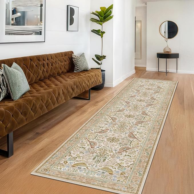 Beige 10 ft Long Vintage Runner Rugs for Hallways - 2x10 Kitchen Runners Non Slip Washable, Low Pile Entryway Rug, with Flowers and Leaves Décor